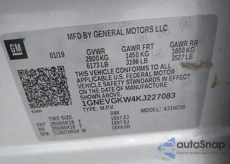 2019 Chevrolet Traverse 1Lt из США, поврежденный, VIN 1GNEVGKW4KJ227083